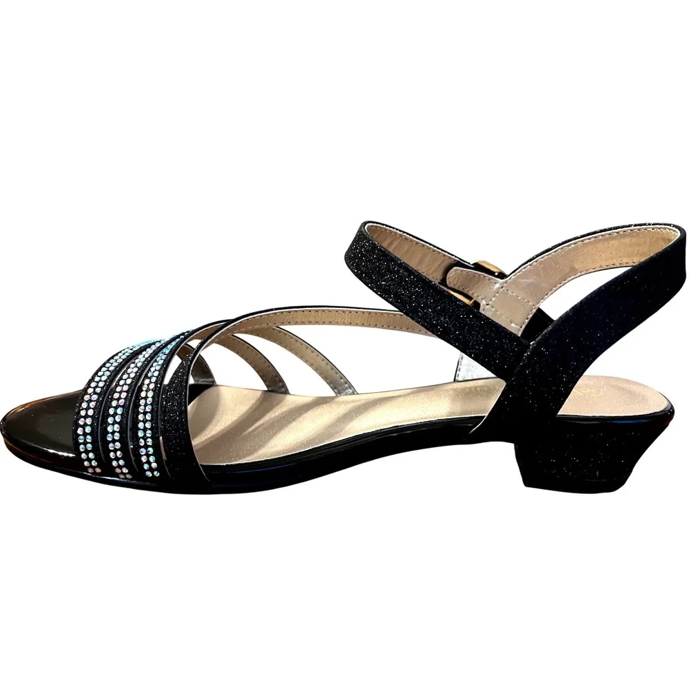 Pandaninija Girls Black Glitter Rhinestone Low Heel Sandals Size‎ 6 NWB